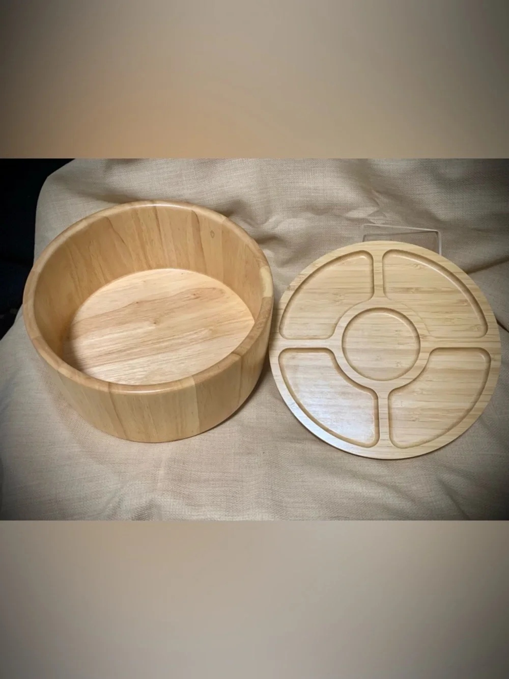 Wood Snack Bowl & Divided Bamboo Serving Tray Lid Set NWOT (2)